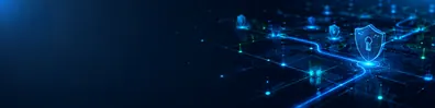Cyber security network LinkedIn background banner with connected digital nodes, secure pathways, glowing grid lines, and shield protection elements