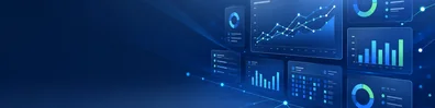 Data analytics LinkedIn background banner with abstract dashboards, graph lines, bar chart visuals, analytics panels, and glowing data points