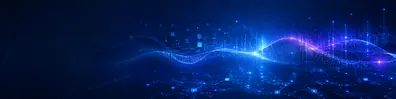 Deep learning blue network LinkedIn background banner with layered glowing nodes and neural style data depth