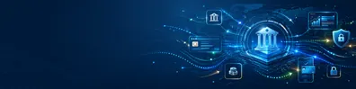 Digital finance technology LinkedIn background banner with abstract financial data lines, secure transaction flows, payment pathways, and glowing network nodes