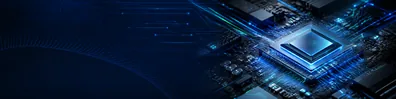 Digital hardware technology LinkedIn background banner with abstract hardware components, circuit boards, processor details, and glowing data lines