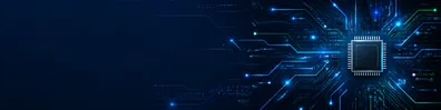 Electronic circuit pattern LinkedIn background banner with clean circuit traces, small glowing nodes, subtle microchip details, and structured digital board layout