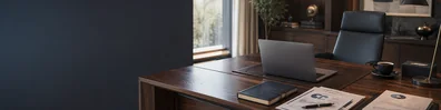 Executive Decision Making Desk professional business LinkedIn background banner with clean corporate styling