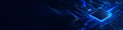 Futuristic circuit board LinkedIn background banner with glowing circuit pathways, microchip-like forms, digital particles, and blue cyan light effects
