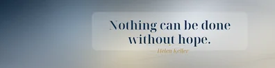 Helen Keller hope quote LinkedIn background banner with soft sunrise light navy white cream pale blue and muted gold