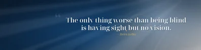 Helen Keller vision quote LinkedIn background banner with navy white grey blue and muted gold abstract focus lines