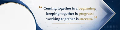 Henry Ford teamwork quote LinkedIn background banner with connected shapes navy blue white grey and muted gold