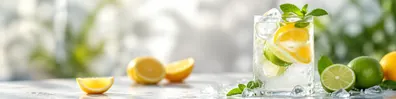 Refreshing citrus summer drink with ice, mint, and bright natural light LinkedIn background banner