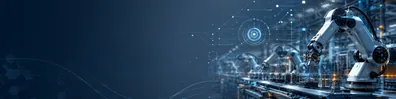 Industrial automation LinkedIn background banner with robotic arms, smart factory elements, digital control lines, and automation network visuals
