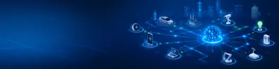 Internet of Things network LinkedIn background banner with connected smart devices, glowing network lines, data nodes, and clean blue digital technology background