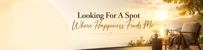 Warm lakeside happiness quote LinkedIn background banner with relaxing chair