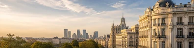 Madrid city architecture view with elegant buildings and soft golden light LinkedIn banner