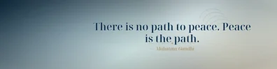 Mahatma Gandhi peace quote LinkedIn background banner with navy white cream pale blue sage green and muted gold gradients