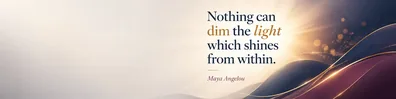 Maya Angelou confidence quote LinkedIn background banner with luminous navy teal gold and plum empowering design