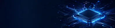 Microchip digital LinkedIn background banner with glowing microchip, circuit paths, data particles, and futuristic blue technology lighting