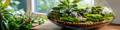 Miniature indoor terrarium garden with moss stones and fresh green plants LinkedIn background banner
