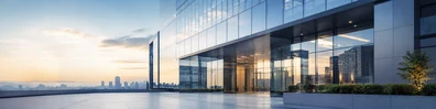 Modern office building exterior with glass architecture, reflective windows, and warm sunset light LinkedIn banner