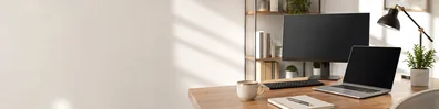 Modern Remote Work Setup professional business LinkedIn background banner with clean corporate styling