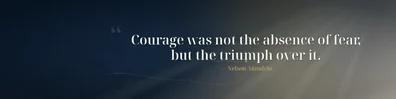 Nelson Mandela courage quote LinkedIn background banner with warm light deep blue charcoal cream and muted gold tones