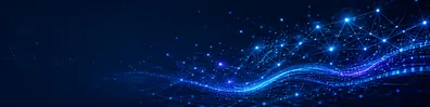 Neural network digital lines LinkedIn background banner with glowing connected nodes and futuristic blue data paths