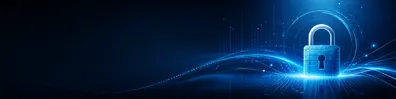Online privacy protection LinkedIn background banner with soft digital lock, secure data lines, encrypted grids, and calm dark blue security design