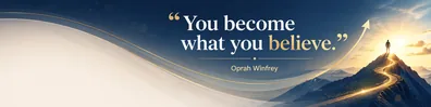 Oprah Winfrey confidence quote LinkedIn background banner with uplifting navy white deep blue beige and warm gold glow