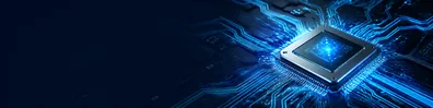 Processor chip technology LinkedIn background banner with sleek processor chip and glowing circuit lines spreading across a dark blue digital board