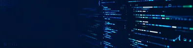 Programming code lines LinkedIn background banner with abstract unreadable syntax shapes and glowing blue green code patterns