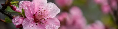 Pink blossom covered with fresh raindrops and soft natural bokeh LinkedIn background banner