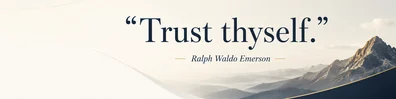 Ralph Waldo Emerson self reliance quote LinkedIn background banner with minimalist lines navy cream white grey and muted gold