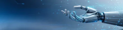 Robot hand technology LinkedIn background banner with a sleek robotic hand, glowing circuit lines, digital particles, and clean futuristic lighting