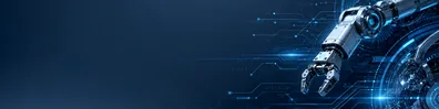 Robotics technology LinkedIn background banner with abstract robotic elements, mechanical details, digital circuits, and glowing technology lines