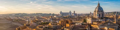 Rome city rooftop view with historic architecture and warm Mediterranean light LinkedIn banner