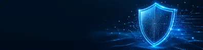 Secure technology shield LinkedIn background banner with glowing digital shield, circuit details, network particles, and dark blue tech background