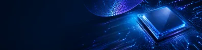 Semiconductor chip LinkedIn background banner with polished chip surface, glowing circuit lines, wafer-inspired patterns, and futuristic lighting