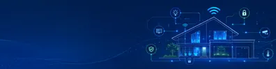 Smart home technology LinkedIn background banner with modern home outline, connected device nodes, wireless signals, automation lines, and blue digital interface elements