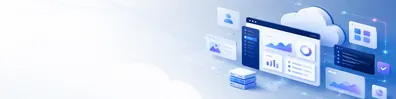 Software as a service LinkedIn background banner with cloud software panels, connected app windows, dashboard elements, data flow lines, and digital product interface shapes