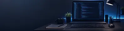 Software developer workspace LinkedIn background banner with laptop, blurred code, keyboard, notebook, coffee cup, and blue lighting