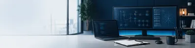 Software engineering workspace LinkedIn background banner with laptop, monitor, abstract architecture diagrams, notebook, and organized desk