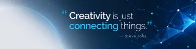 Steve Jobs creativity quote LinkedIn background banner with connected dots network lines blue navy white grey and cyan