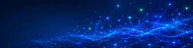 Technology innovation network LinkedIn background banner with connected digital nodes, glowing circuit lines, cloud elements, AI-style data paths, and futuristic layers