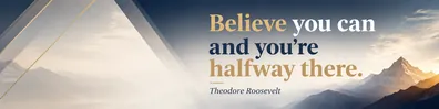 Theodore Roosevelt courage quote LinkedIn background banner with mountain-inspired abstract shapes warm light navy white beige grey and muted gold