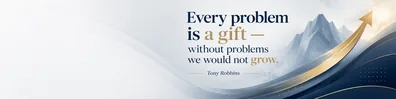 Tony Robbins personal growth quote LinkedIn background banner with upward movement mountain shapes and blue gold design