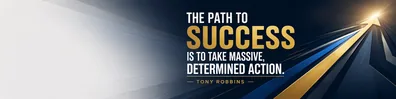 Tony Robbins success quote LinkedIn background banner with bold navy gold direction lines and action focused design