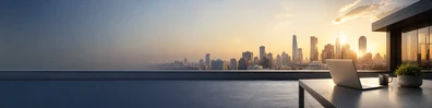 Urban rooftop workspace view with laptop, skyline, and warm sunrise light LinkedIn background banner
