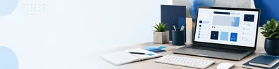 User interface design workspace LinkedIn background banner with laptop screen, abstract UI wireframes, layout blocks, color cards, notebook, pen, and keyboard