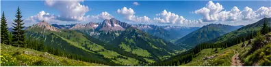 Verdant mountain vista LinkedIn background banner with green valley and distant peaks