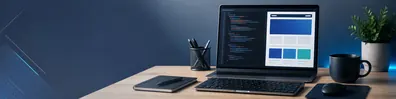 Web developer desk setup LinkedIn background banner with laptop, abstract website layout blocks, keyboard, notebook, and coffee cup