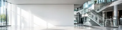 Modern building interior with glass staircase LinkedIn background banner
