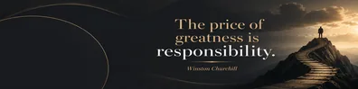 Winston Churchill leadership quote LinkedIn background banner with premium dark corporate background gold beige highlights